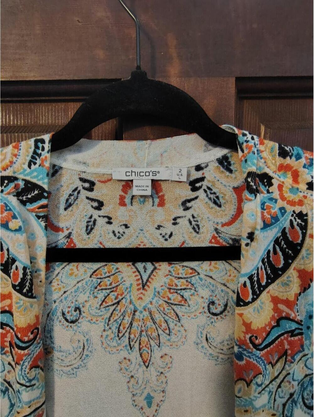 Chico's Graphic Print Multicolor Open Spring Cardigan Large 2 - Picture 2 of 5